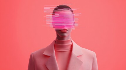 Abstract figure with glowing pink overlay, stylish individual in modern attire against vibrant background, promotes creativity.