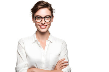 Portrait of a smiling young woman wearing glasses and a white shirt with arms crossed on transparent background girl