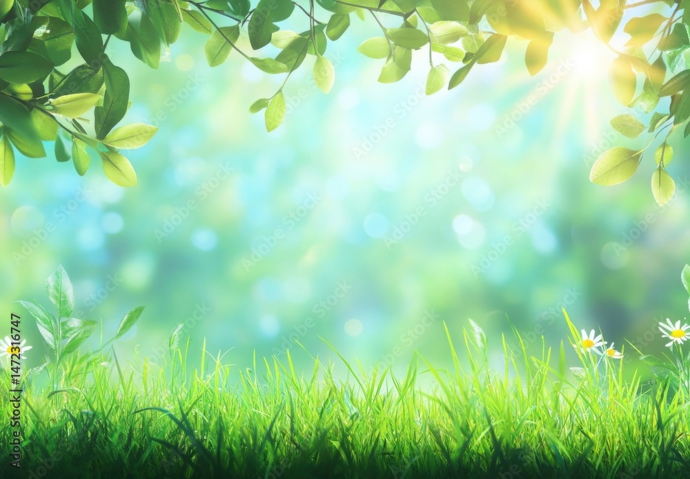 Aufkleber sunlight streams through lush green leaves, illuminating a vibrant meadow of grass and delicate dais