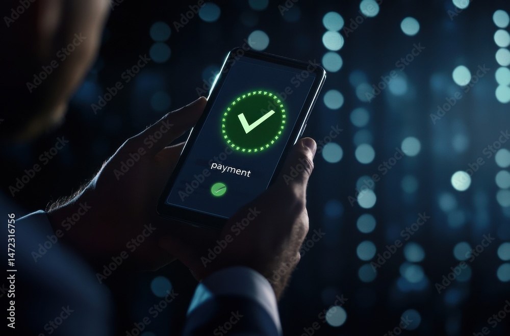 Aufkleber a businessman confirms a mobile payment, holding his smartphone with a green checkmark displayed on 