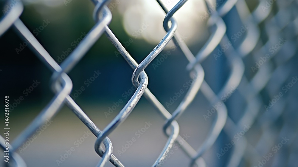 Aufkleber close-up view of a metallic chain link fence, showing the intricate detail of the woven metal and it