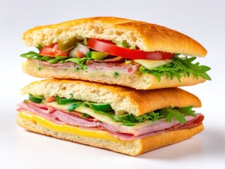 Stacked sandwich with ham and vegetables isolated on white background