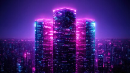 Obraz premium An abstract vibrant cityscape glows with futuristic neon lights highlighting the towe modern architecture.