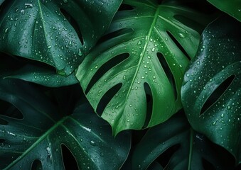 Close-up view of lush, vibrant monstera deliciosa leaves glistening with water droplets, showcasing their deep green hues and intricate textures. : Generative AI
