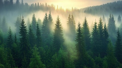 Obraz premium Misty Sunrise in a Pine Forest: A Breathtaking View of Nature's Serenity