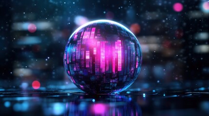 A luminous orb reflects futuristic cityscape onto a glossy surface with bokeh lights in dark environment.