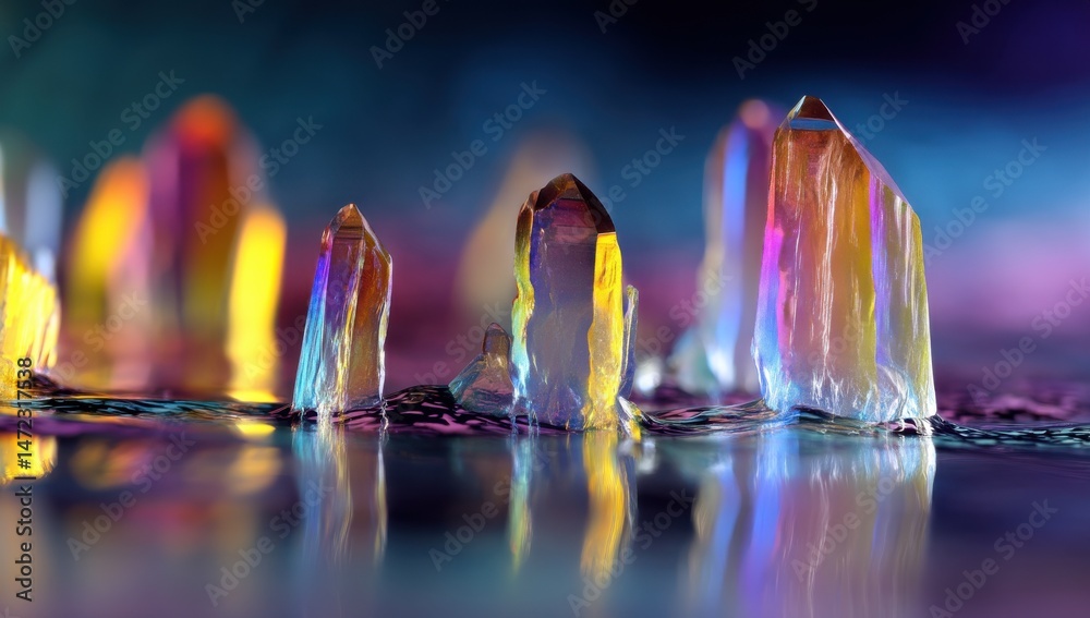 Poster rainbow quartz crystals emerge from a dark, reflective surface, their iridescent facets catching the