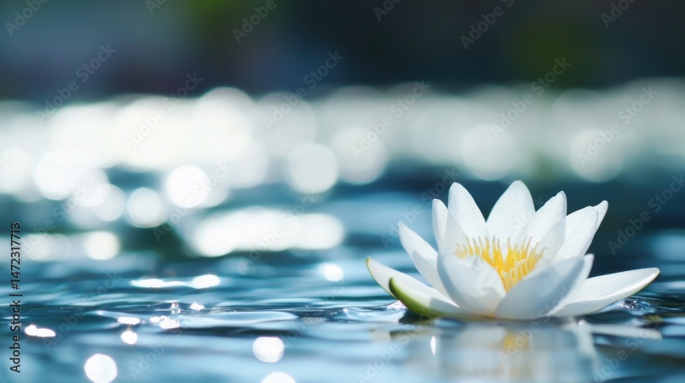 Poster serene white water lily floats gently on a calm, blue pond, sunlight reflecting on the water's surfa