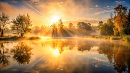 Fototapeta premium Serene Sunrise Over Misty Lake with Golden Rays Illuminating Trees