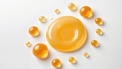 Round droplets of golden liquid vary in size, carefully arranged on a smooth white background. The light reflects beautifully, highlighting each droplet's shine