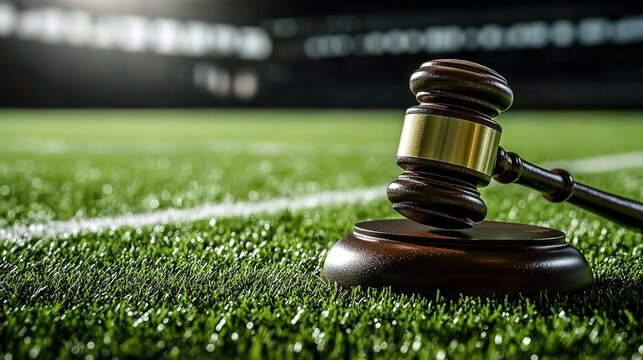 Close-up of a wooden gavel on a green grassy sports field with a blurred stadium in the background.