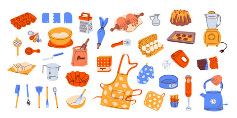 Set retro kitchen tools for baking Hand drawn of vintage kitchenware, utensils, ingredients set. Kitchen equipment, stuff for cooking cake. Molds, spoon, spatula, teapot, cup, plate, rolling pin