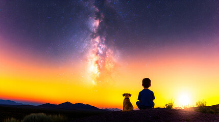 Boy and dog silhouetted against a vibrant sunset and the Milky Way