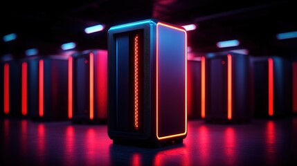 Glowing server racks are aligned in a dark data center room providing powerful computing infrastructure.