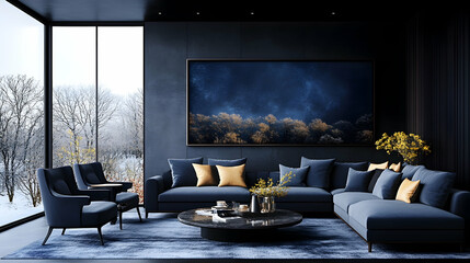 Modern dark-toned living room with panoramic winter views