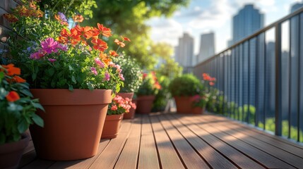 Urban Balcony Garden with Vibrant Flowers and City Skyline