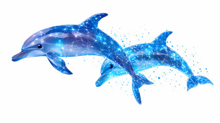 Fototapeta premium Two dolphins, rendered in a geometric, starry, blue style, leap playfully