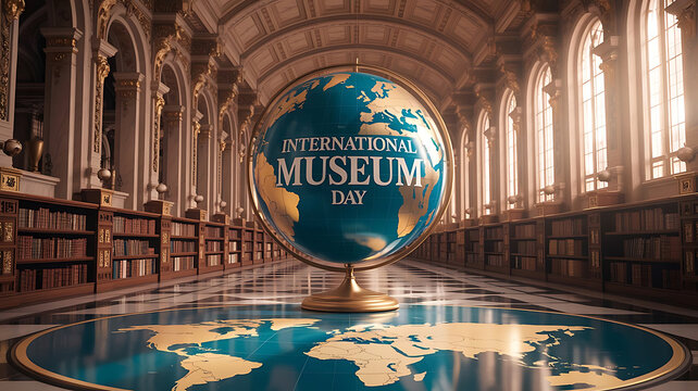 Celebratory image depicting international museum day within a grand library setting worldwide concept