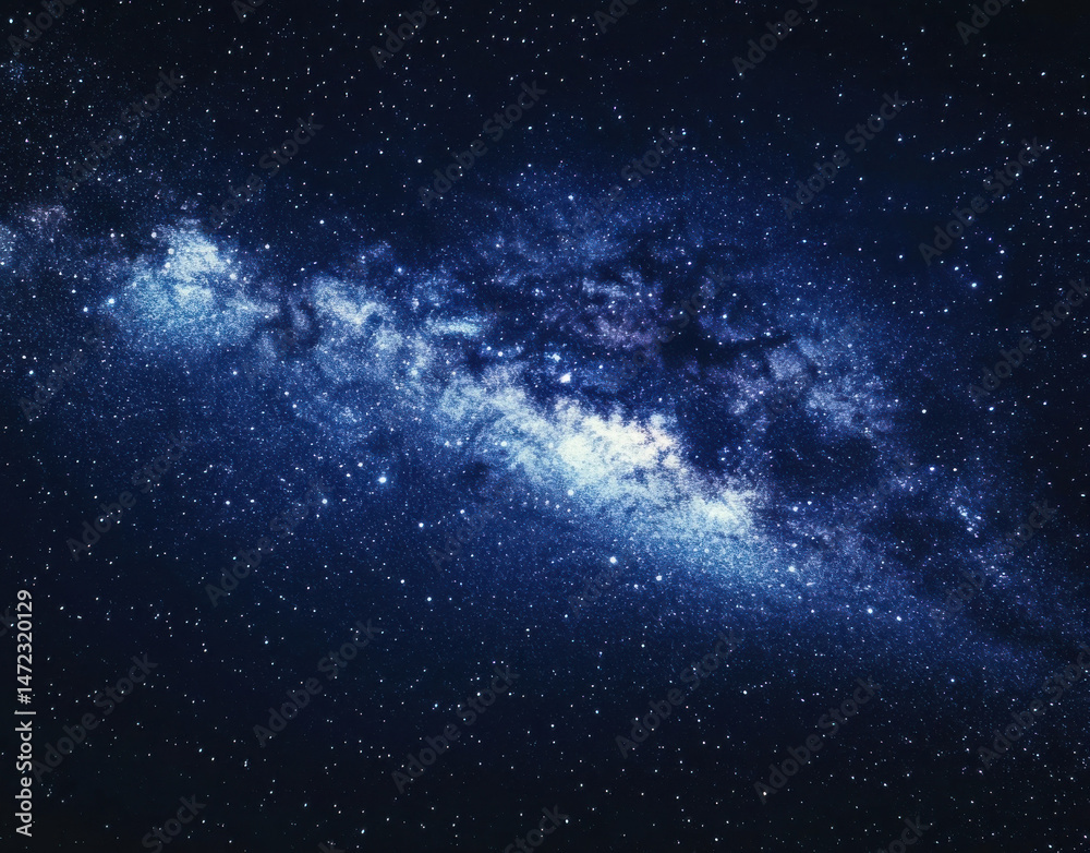 Poster A mesmerizing view of the Milky Way galaxy, showcasing a vast expanse of stars and cosmic dust, with shades of deep blue and white, creating a celestial landscape perfect for astronomy : Generative AI