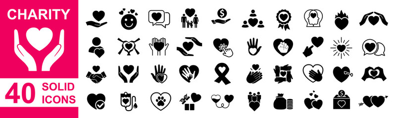 Charity icons set. Charity, care help, volunteers, empathy, cooperation, social care, charity community, friendship, fundraising, donation sign