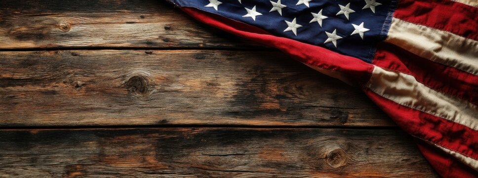 American flag draped on rustic wooden planks, creating a patriotic backdrop ideal for memorial day or independence day themed designs. : Generative AI