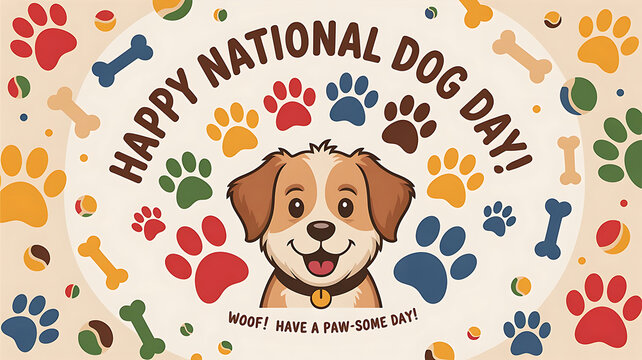 Cheerful cartoon illustration celebrating national dog day with paw prints and a happy pup