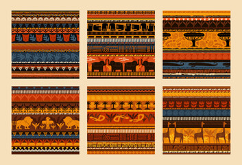 Ethnic seamless pattern. Abstract nature, animals and geometric painting. Primitive Indian ethno textile. Tribal art print. Indigenous ornaments. Vector African style backgrounds set