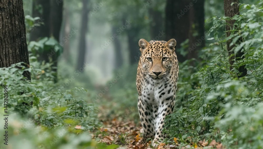 Aufkleber a majestic leopard strides confidently along a forest path, its gaze fixed directly on the viewer, a