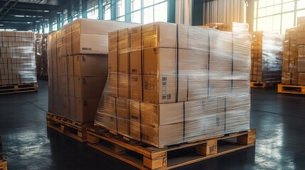 Cardboard boxes on wooden pallets wrapped in plastic film in a warehouse with yellow pillars.