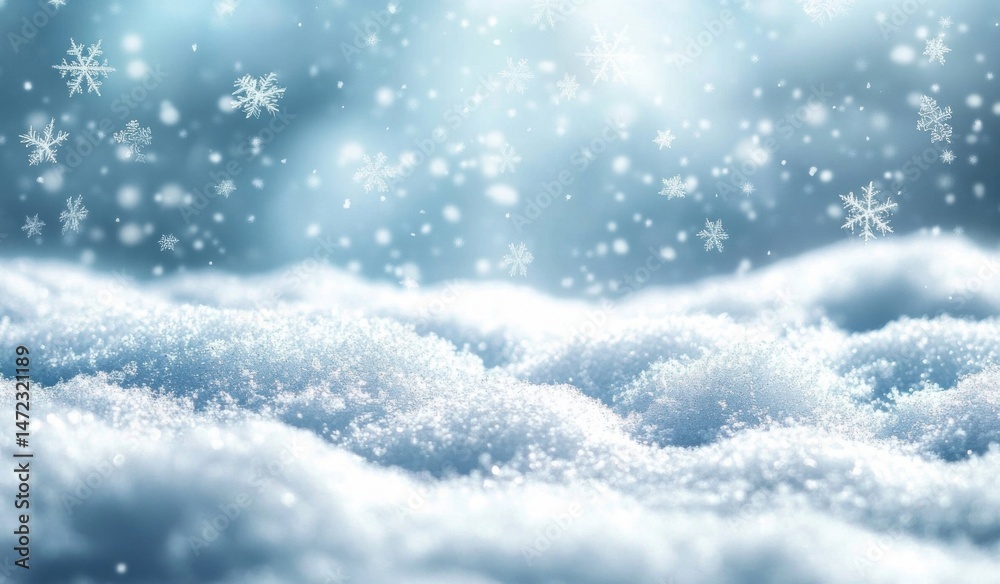 Poster Falling snowflakes gently land on a pristine, textured blanket of fresh snow, creating a serene winter wonderland scene. : Generative AI