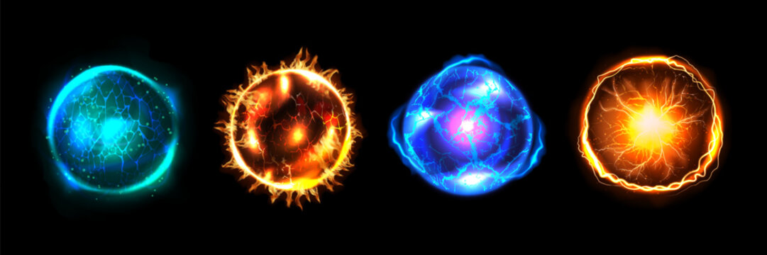Fire ball. Magic light energy effect. Flame game orb or power fireball. Thunder glow. Round crystal sphere. Electric lightning blast sparkle. Vector 3D blazing plasma isolated shapes set
