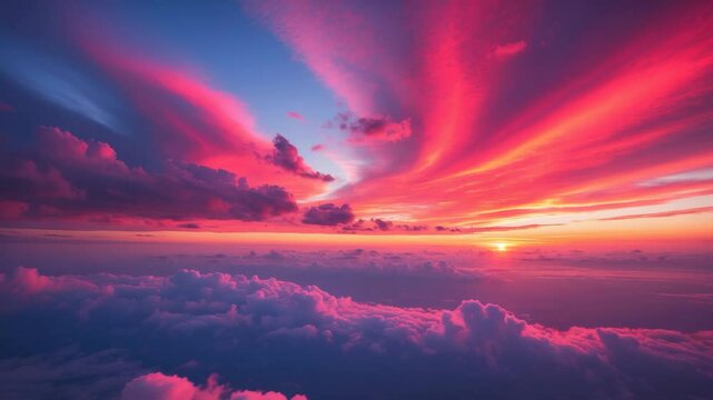 The dawn or dusk. The cloudy sky infused with vibrant shades.