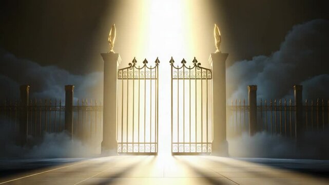 Enchanted golden gates with ornate designs, standing tall amidst swirling mist and shadows, inviting mystery and magic 4k video footage