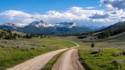 Scenic dirt road winding through a verdant valley, leading towards majestic snow-capped mountains under a partly cloudy sky. : Generative AI