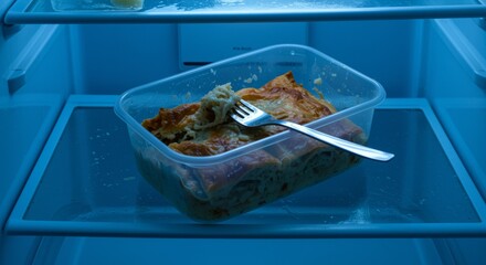 Portion of leftover Greek pastitsio in plastic container with fork inside lit blue refrigerator
