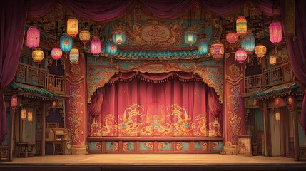 Elaborate stage with red curtains and decorative lighting for a theatrical performance.
