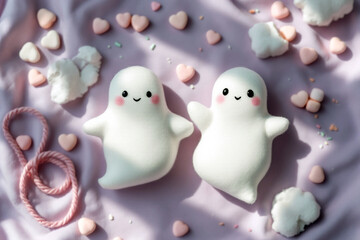 Twin White Ghost Plushies with Candy on Lavender Background