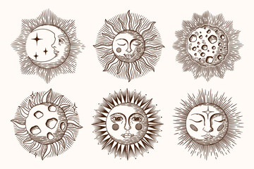 Sun moon face. Hand drawn old day night sketch in antique retro style, astrology tattoo with ink crescent. Hand drawn decorative isolated elements. Bohemian style vector symbols