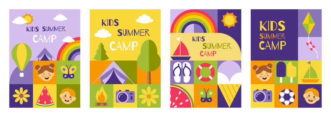 Summer camp poster. Schools child sport holidays, children geometric background as education flyer. Outdoors party and picnic for kids. Camping and tourism. Vector cartoon flat concept