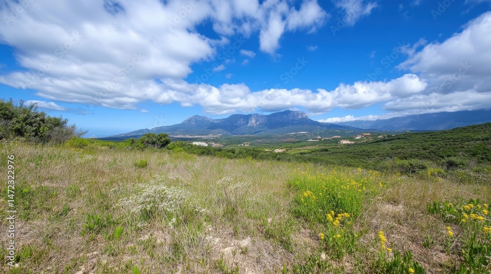 Poster serene mediterranean landscape showcasing a mountain range under a partly cloudy sky, with wildflowe
