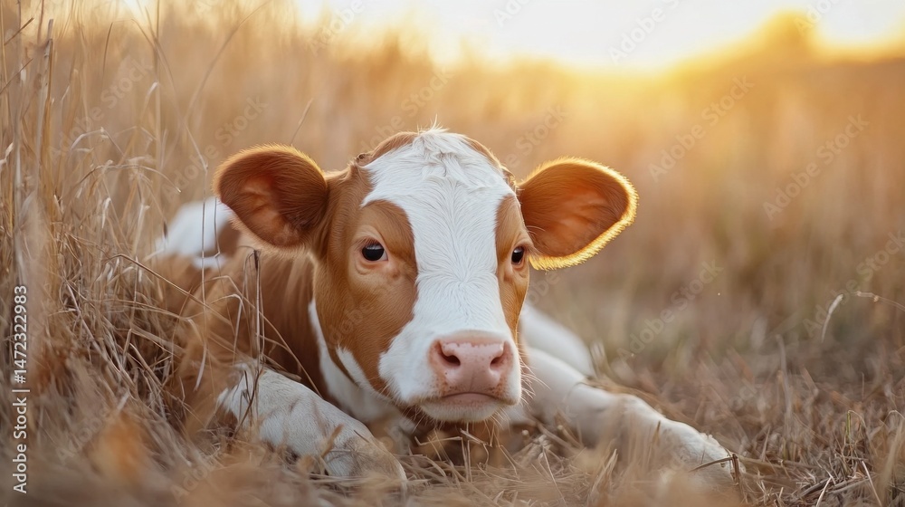 Poster adorable brown and white calf resting peacefully in a golden sunset field of tall grass, showcasing 