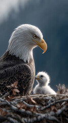 Fototapeta premium eagle feeding its fluffy white chick