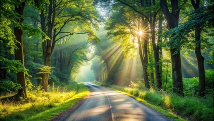Obraz premium Sunbeams Illuminate a Winding Road Through a Lush Green Forest