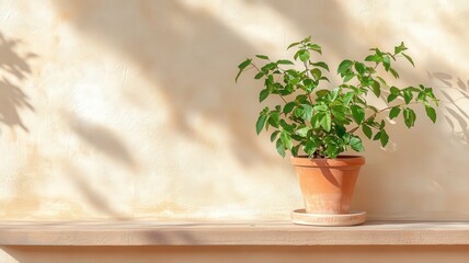 Small Green Potted Plant on Wooden Shelf in Sunlight