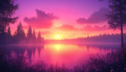 Fototapeta premium Serene sunset over a tranquil lake. Lush forest surrounds the still water, bathed in a vibrant, pink-purple sunset glow