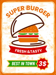 Burger logo. Fastfood price banner. Cheeseburger on plate with cloche. Cafe promotion flyer. Fast food restaurant dinner marketing. Hamburger delivery. Vector retro card design template