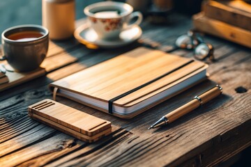 Fototapeta premium bamboo/ Wooden notebook pen teacup and coaster on a table. Perfect for stationary, office supplies, workspace, or workfromhome concept designs.