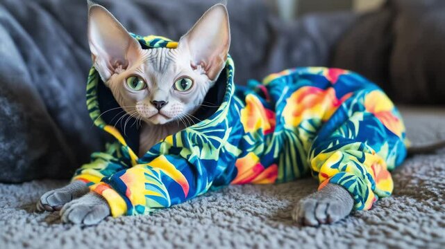 A playful sphinx cat dressed in a vibrant tropical-themed outfit lounges comfortably on a soft couch. The cozy atmosphere enhances the charm of this delightful moment