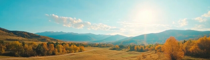 Fototapeta premium Serene autumn landscape showcasing a picturesque valley nestled between majestic mountains, bathed in the warm golden light of a setting sun. : Generative AI