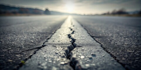 A close-up view of a cracked asphalt road surface, sunlight reflecting on the dividing line, vanishing point in the distance